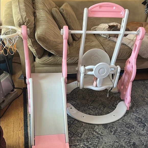 Pink and White Kids Slide and Swing Set